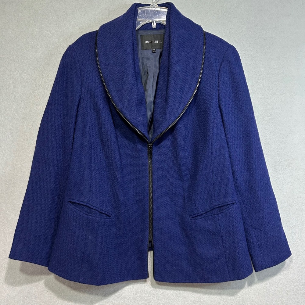 Lafayette 148 Zip Blazer Womens 14W Blue Virgin Wool Jacket Designer‎ Elegant
